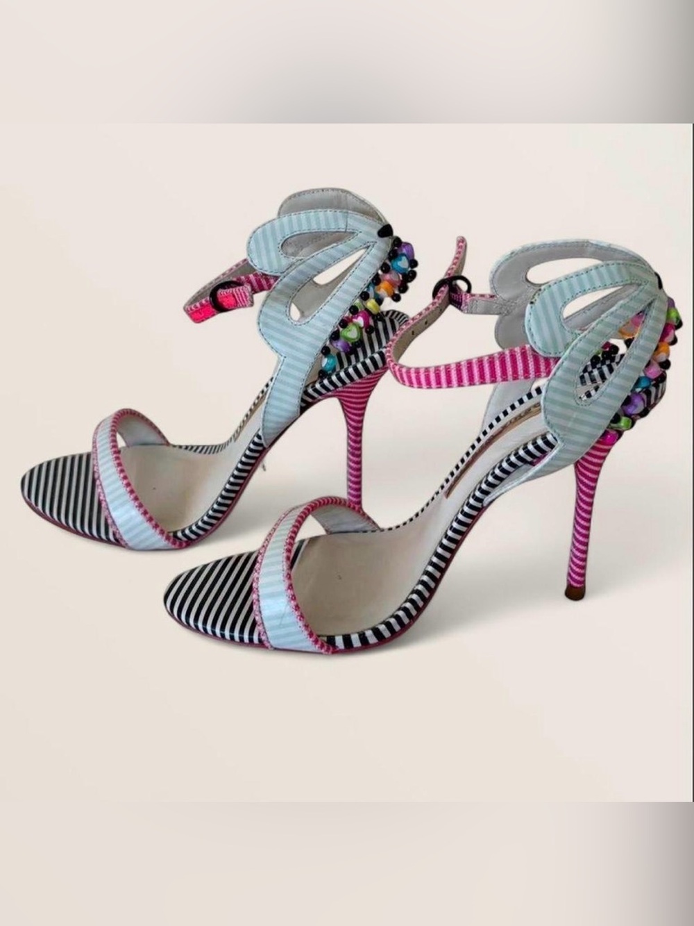 Sophia Webster Pink, Light Blue & Black Striped Beaded Ankle-Strap Heels
